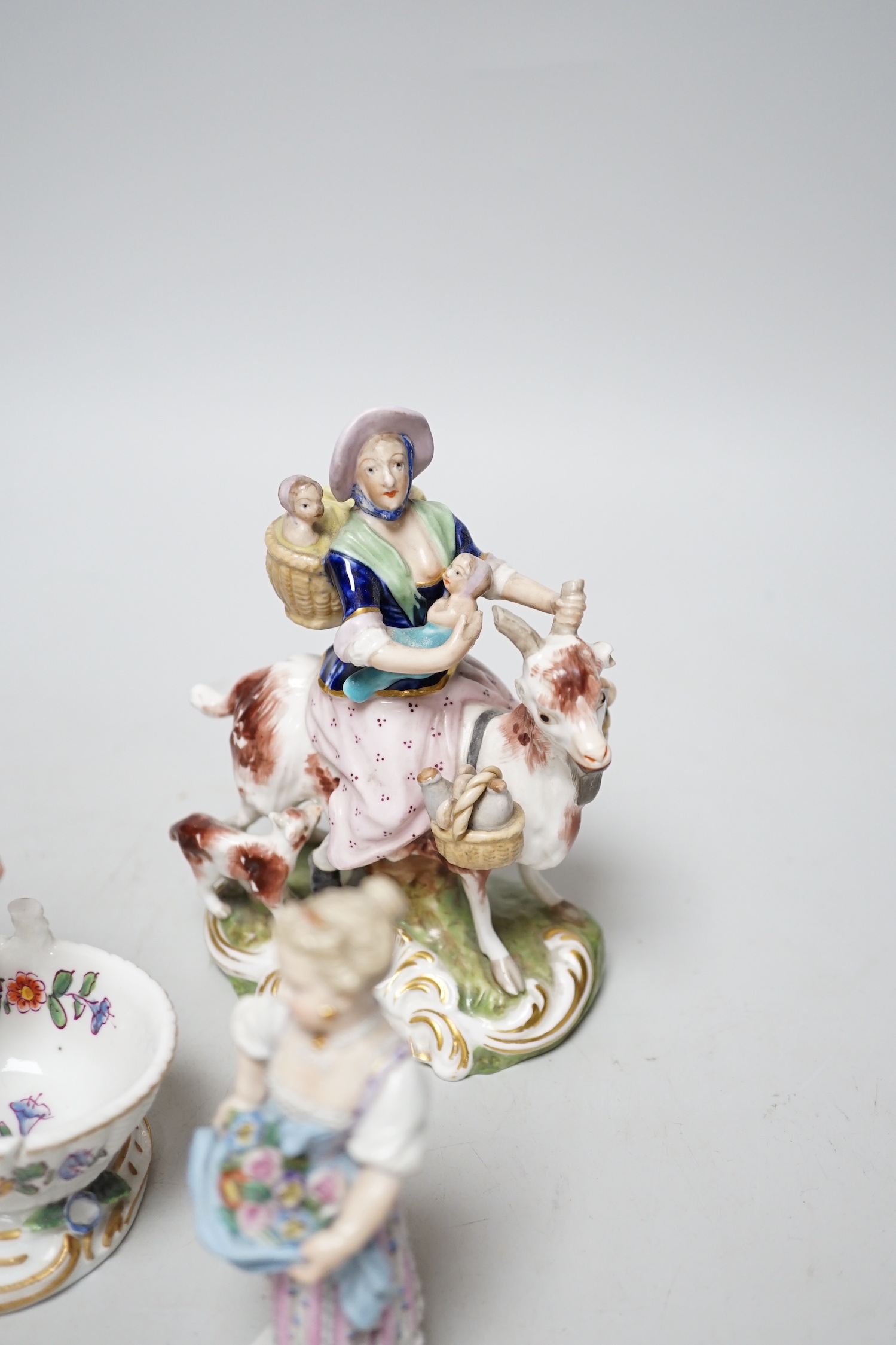 A pair of 19th century Derby figures, a pair of Meissen figures and another, tallest 13cm